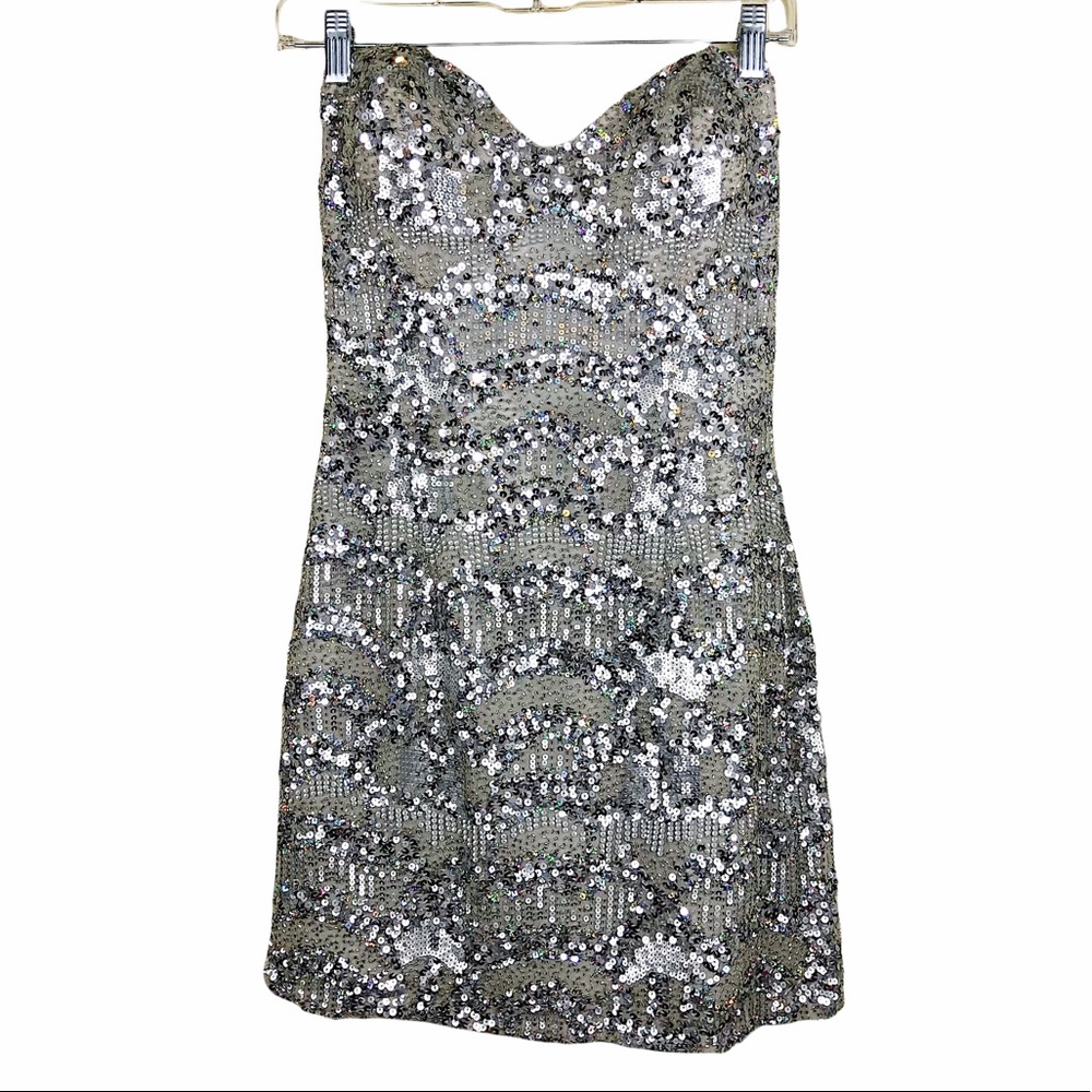 Scala Silk Strapless Mini Silver Sequins Dress Size 6